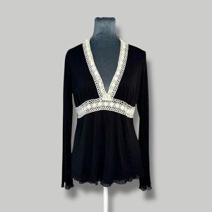 Self Esteem Vintage Y2K Crochet Lace Babydoll Empire Waist Bell Sleeve Top L